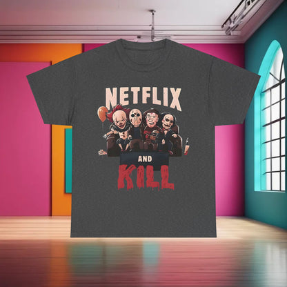 Elegant 'Netflix and Kill' Graphic T-Shirt featuring beloved horror icons, combining style with a playful nod to cinematic fears.