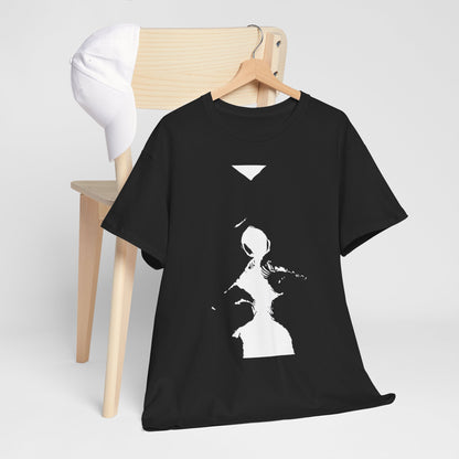 Stylish unisex black graphic t-shirt draped on a wooden chair, exuding charm with its unique black and white illustration of two abstract shapes embracing.