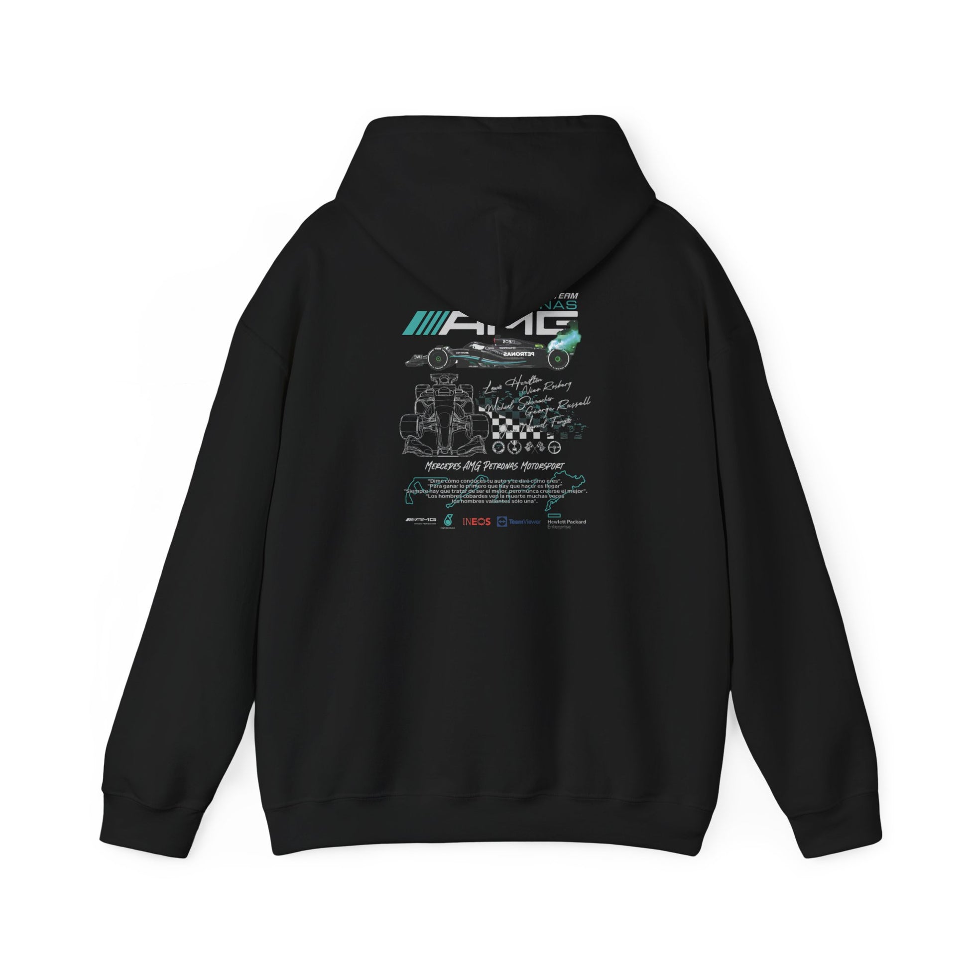Sophisticated black hoodie with a detailed AMG Petronas F1 Racing Team design on the back, embodying the spirit of racing.