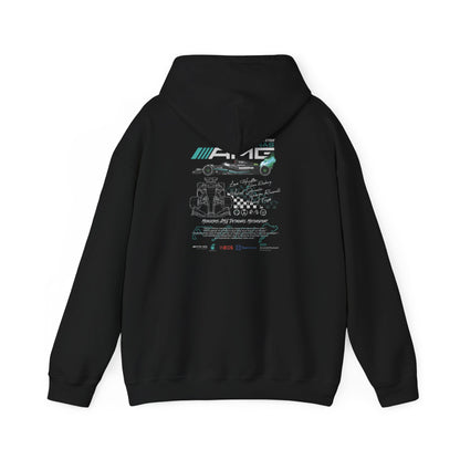 Sophisticated black hoodie with a detailed AMG Petronas F1 Racing Team design on the back, embodying the spirit of racing.