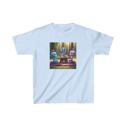 Kids Adorable Cute Aliens Heavy Cotton Tee displaying joyful alien characters during a playful picnic, perfect for young fashion icons.