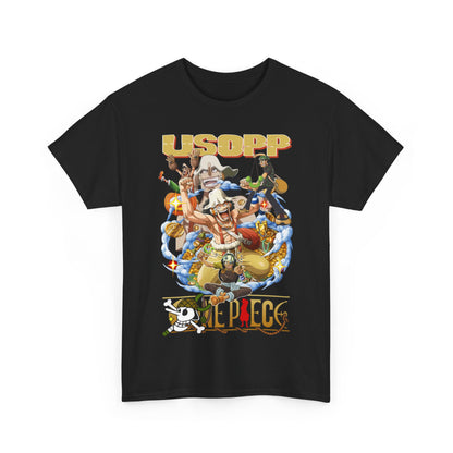 Elegant One Piece Usopp graphic tee, showcasing dynamic character illustrations against a stylish black background, ideal for trendy streetwear.
