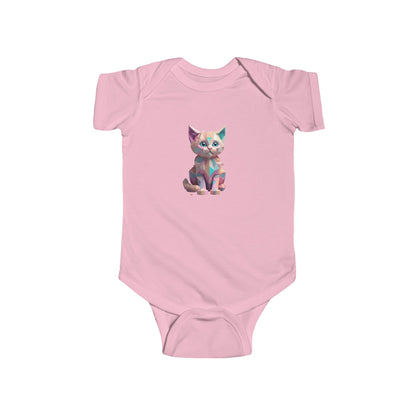 Delicate Kitten Bodysuit in soft pink, featuring a charming geometric kitten motif, perfect for your little one's wardrobe.
