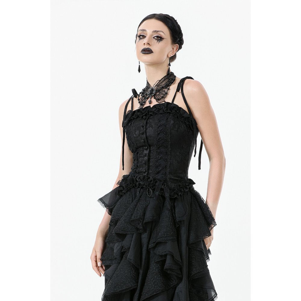 Chic gothic fashion display featuring Dark in Love Selene corset top styled with flowing skirts for an opulent evening outfit.