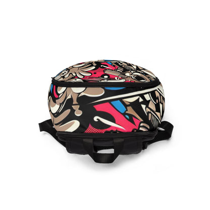 A lifestyle image of the Vivid Flux Pop-Art Backpack from Dazzling Dreams Studio, worn by a model in a chic urban setting, demonstrating its fashion-forward appeal.