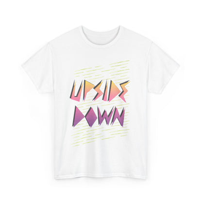 Fashionable t-shirt displaying the striking 'UPSIDE DOWN' print in bold hues, perfect for expressing individuality and vintage charm.