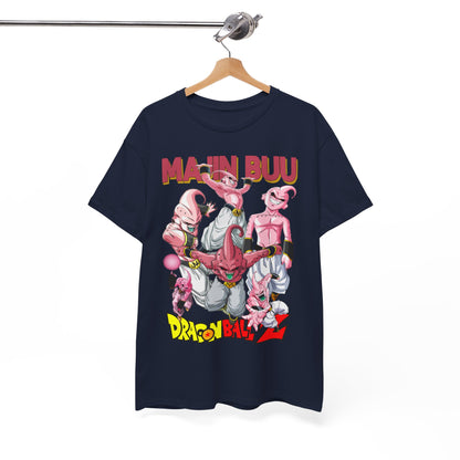 Luxurious navy blue T-shirt featuring vibrant and dynamic artwork of Majin Buu characters from Dragon Ball Z, showcasing an anime-inspired streetwear aesthetic.