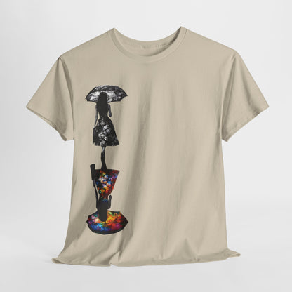Duality Dreams Unisex Graphic T-Shirt in a beige colour, showcasing the striking silhouette design with floral accents for a unique style statement.