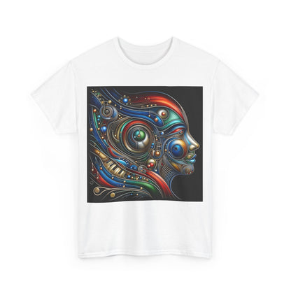 Stained Glass Dreams Unisex T-Shirt showcasing an intricate abstract design of a human face in vibrant colours, featuring art deco elements.