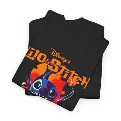 Stylish folded black t-shirts displaying the captivating Lilo and Stitch graphic design, highlighting premium fabric and rich colours, ideal for casual yet sophisticated wardrobe.