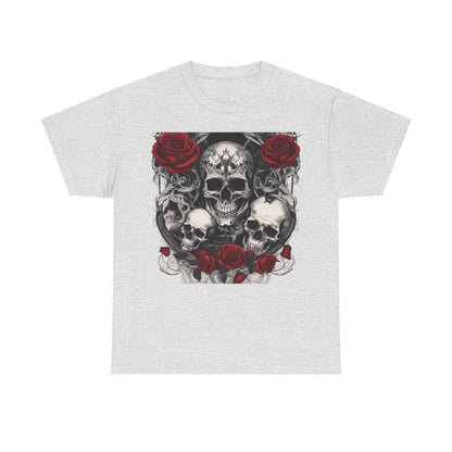 Skulls and Roses Cotton Tee in grey, featuring a striking graphic of skulls intertwined with red roses. This luxurious unisex graphic shirt offers a unique and bold fashion statement.
