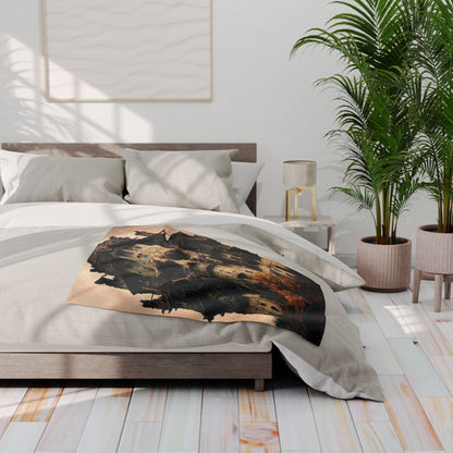 Decorative and Warm Halloween Spooky Arctic Fleece Blanket displayed on a neatly made bed, enhancing the room's seasonal charm.