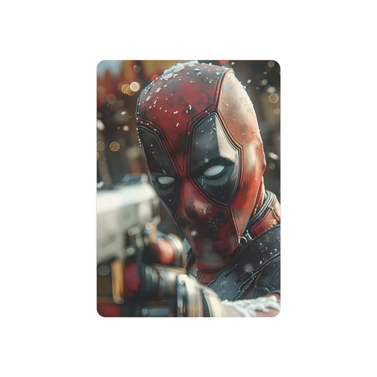 Stunning Deadpool Metal Art Poster displaying a striking image of Deadpool with snow accents, ideal for sophisticated interior decoration and a unique statement piece.