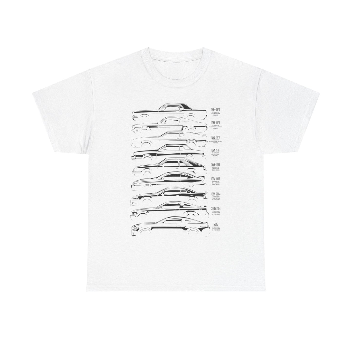 Timeless Ford Mustang Evolution Tee in white, featuring a striking vertical graphic showcasing the evolution of Ford Mustang models from 1964 to modern designs, ideal for car enthusiasts.
