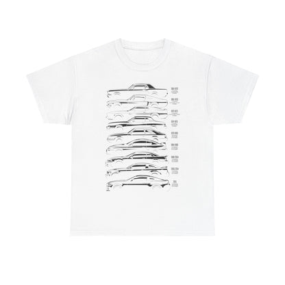 Timeless Ford Mustang Evolution Tee in white, featuring a striking vertical graphic showcasing the evolution of Ford Mustang models from 1964 to modern designs, ideal for car enthusiasts.