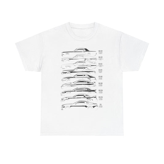 Timeless Ford Mustang Evolution Tee in white, featuring a striking vertical graphic showcasing the evolution of Ford Mustang models from 1964 to modern designs, ideal for car enthusiasts.