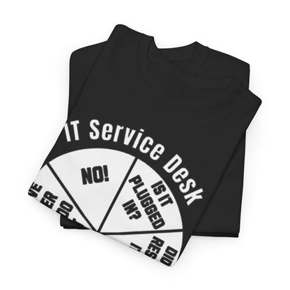 Elegant IT Service Desk Funny Graphic Unisex T Shirt presented in folded stack, showcasing the 'Wheel of Answers' design.