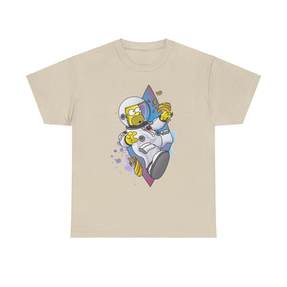 Luxurious unisex Spaceman Homer graphic tee showcasing a humorous design of Homer Simpson as an astronaut, surrounded by colorful splashes, perfect for stylish yet playful attire.