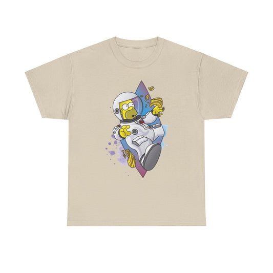 Luxurious unisex Spaceman Homer graphic tee showcasing a humorous design of Homer Simpson as an astronaut, surrounded by colorful splashes, perfect for stylish yet playful attire.