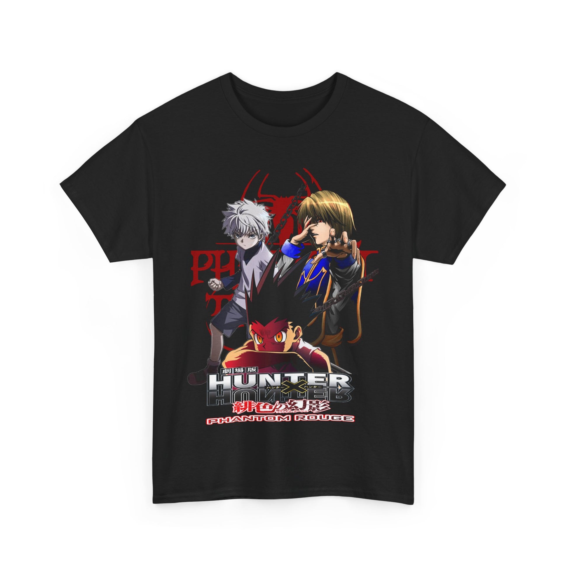 Striking black T-shirt featuring vibrant graphics of iconic characters from Hunter x Hunter: Phantom Rouge, perfect for discerning anime collectors.