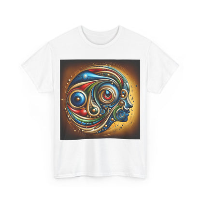 Front view of the Stained Glass Dreams Unisex T-Shirt in white, showcasing a stunning artistic design that fuses creativity and luxury fashion.