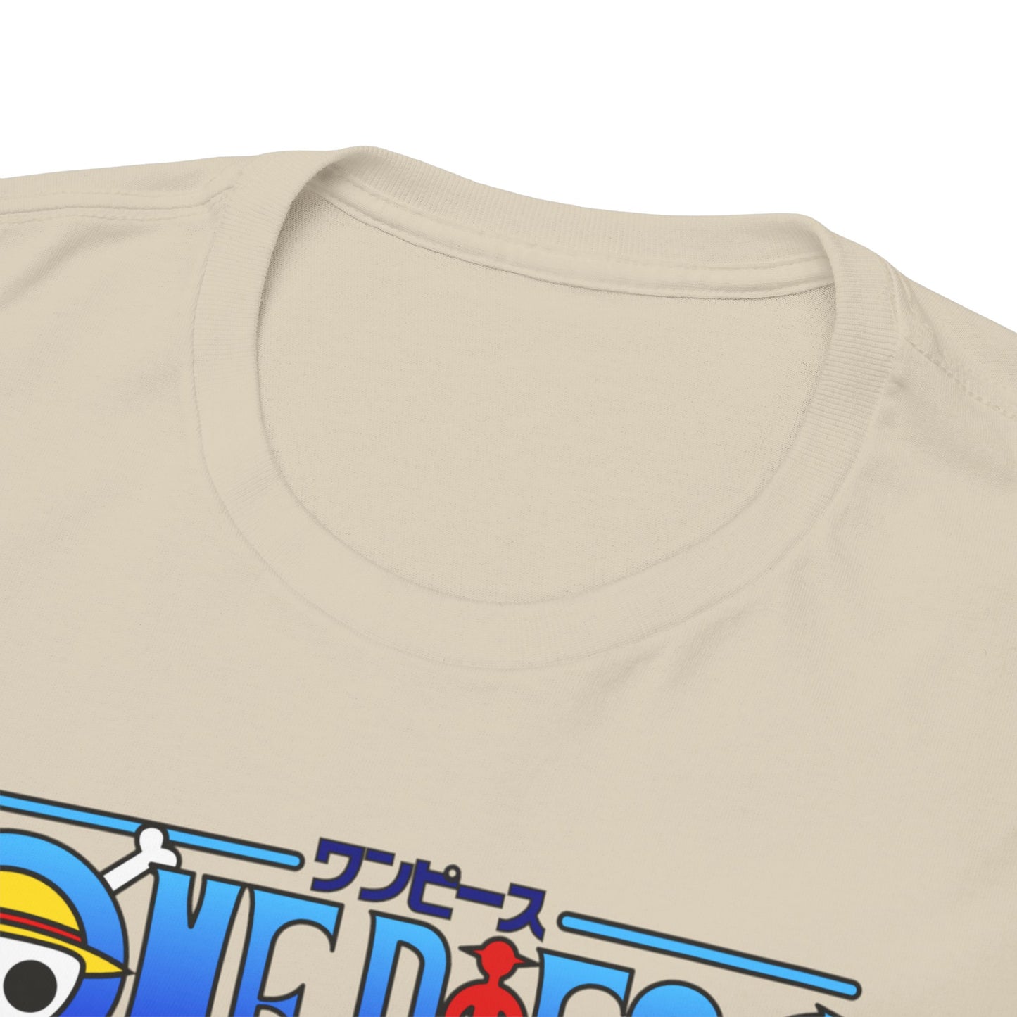 Close-up view of the sophisticated neckline of a beige men's t-shirt, featuring an impressive One Piece graphic that celebrates the powerful character Trafalgar Law.