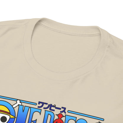 Close-up view of the sophisticated neckline of a beige men's t-shirt, featuring an impressive One Piece graphic that celebrates the powerful character Trafalgar Law.