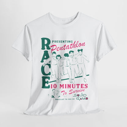 Stylish unisex white graphic t-shirt featuring playful Squid Game-inspired design with the text 'RACE presenting Pentathlon 10 Minutes to Survive', perfect for fashion-forward fans of the series, designed for a statement look.