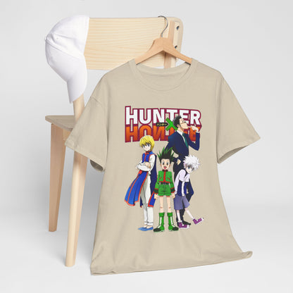 Sophisticated Hunter x Hunter T-shirt artistically draped over a chair, complemented by a white cap, illustrating high-quality print of key anime characters in an eye-catching design.