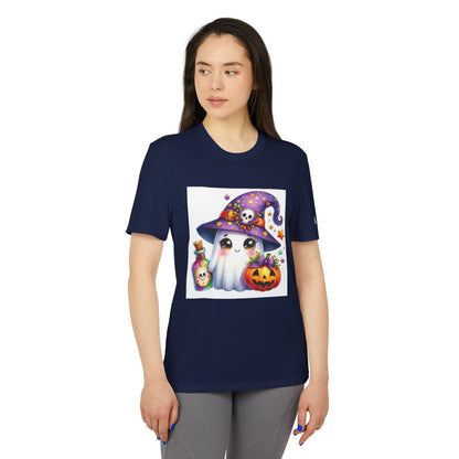 Adidas Unisex Halloween Party Ghost Cute T-shirt showcased in navy, featuring a charming ghost design with a witch's hat, perfect for elevating your Halloween style.