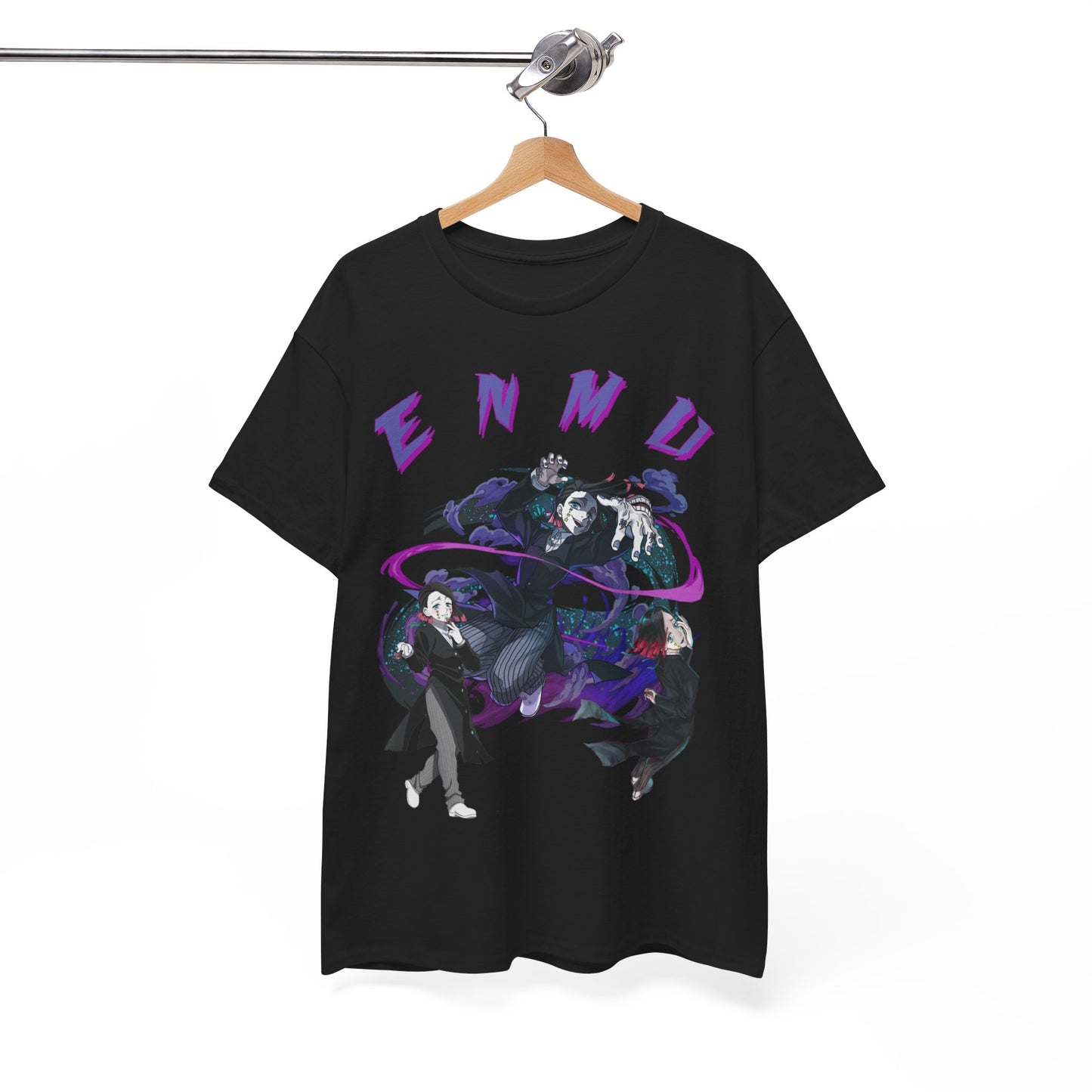 Sophisticated black Enmu-Inspired Demon Slayer T-Shirt elegantly displayed on a hanger, illustrating the remarkable design of iconic anime figures and appealing to discerning fans.