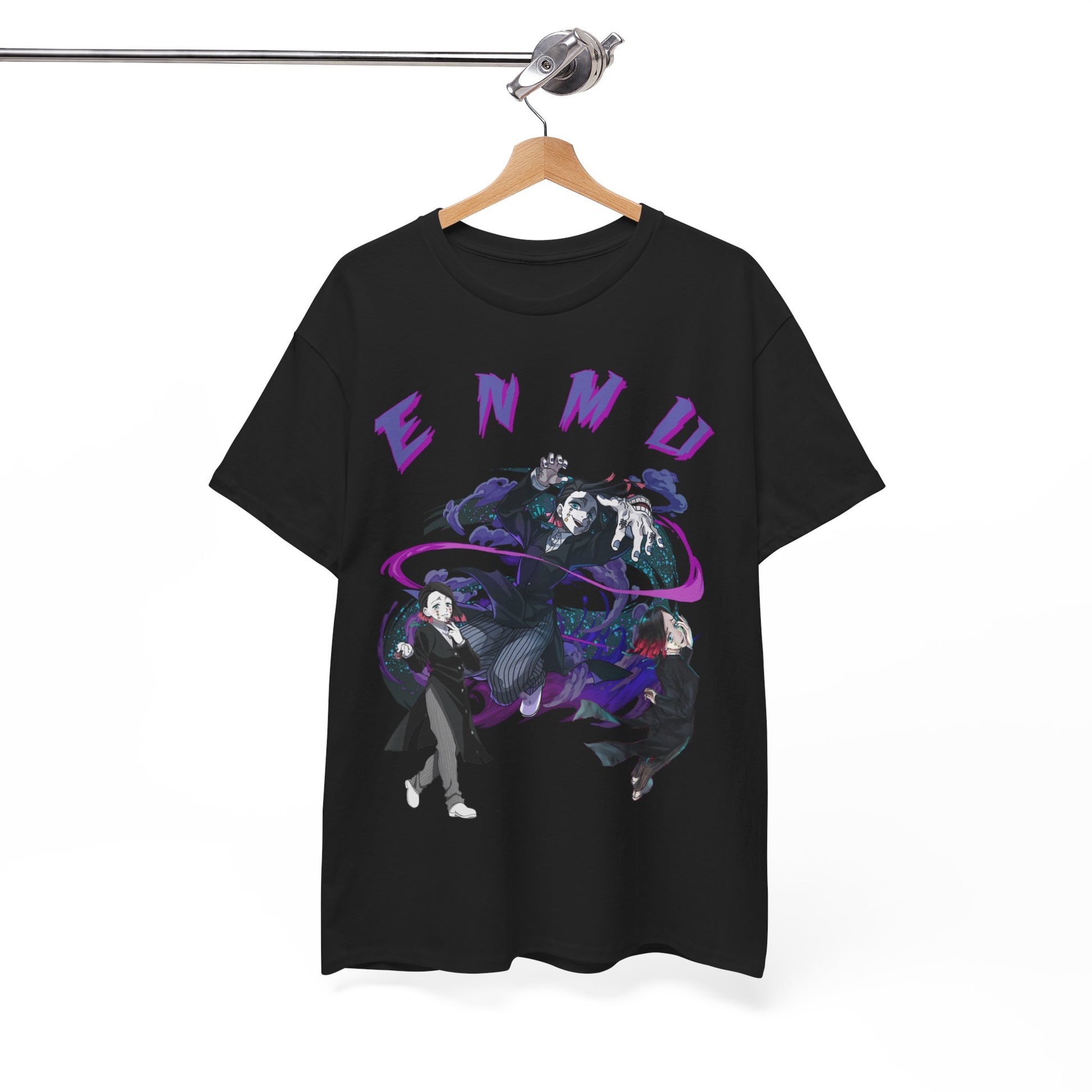 Luxury Enmu-Inspired Demon Slayer T-shirt featuring a striking graphic design with vivid colours on a classic black fabric, showcasing an intricate portrayal of three powerful characters.