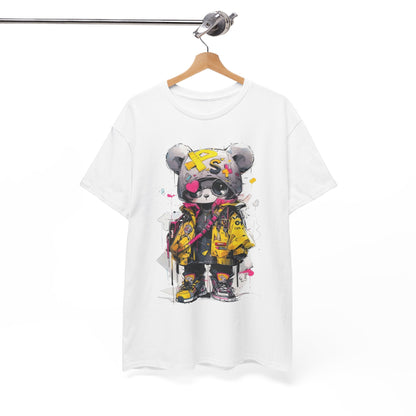 Luxurious men's t-shirt hanging on display, adorned with a striking panda bear graphic in an urban style, ideal for fashion-forward individuals.