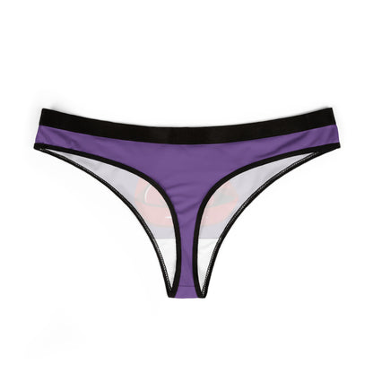 Elegant women's thong in purple with a cheeky design showcasing graphic red lips, ideal for adding a touch of fun and flirtation to your intimate collection.