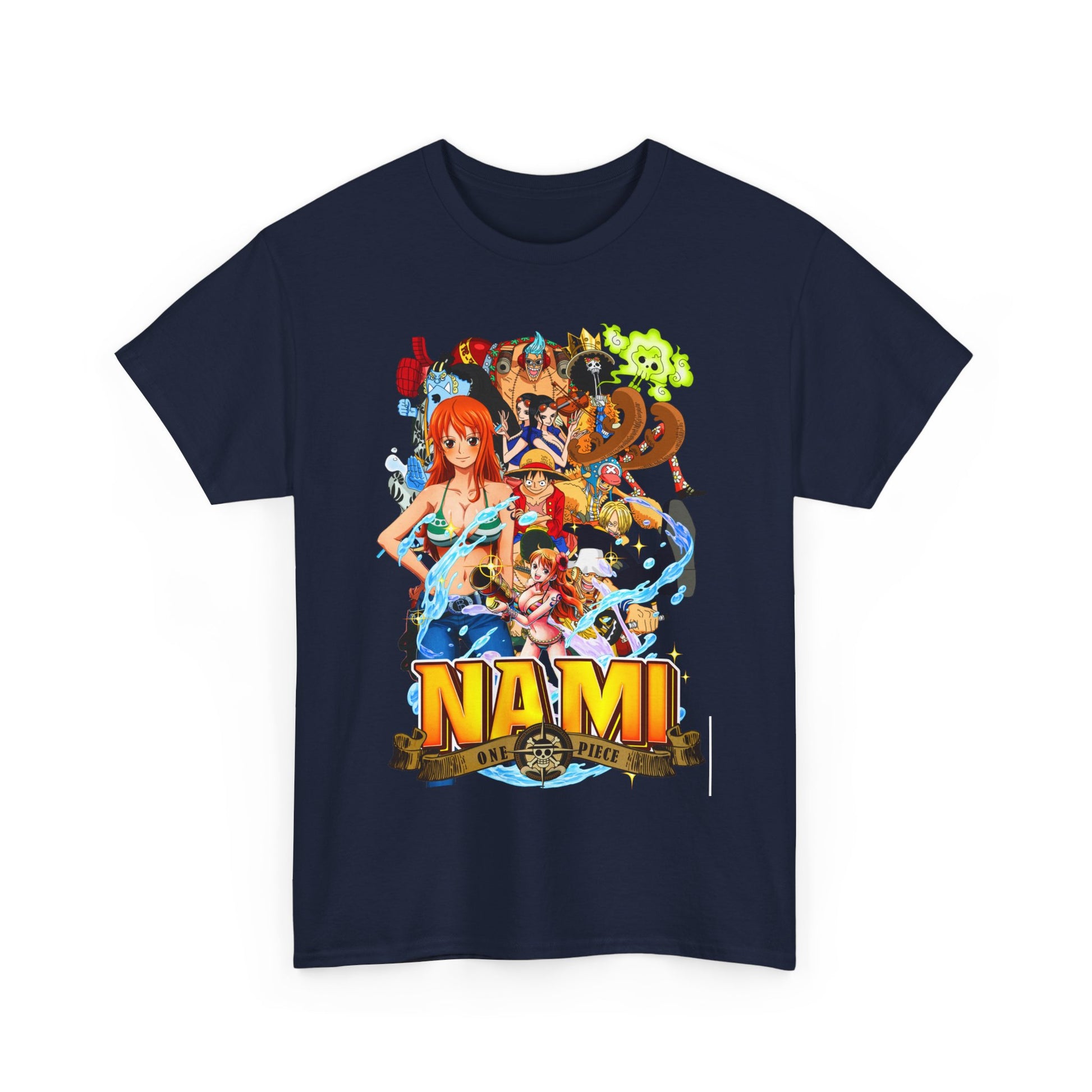 Elegant navy blue men's t-shirt adorned with a colourful Nami graphic from One Piece, ideal for casual yet stylish wear.