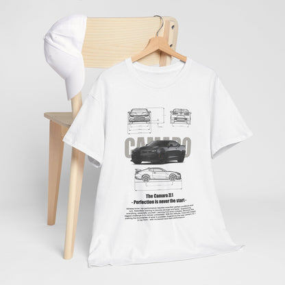 Luxury T-Shirt featuring Chevy Camaro ZL1 graphic design, showcasing intricate technical drawings and a striking dark gray vehicle on a white fabric backdrop, styled elegantly against a minimalist chair.
