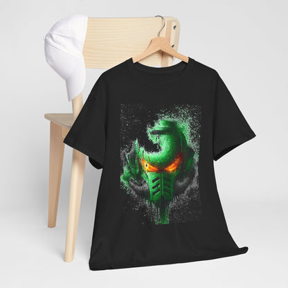 Chic black t-shirt adorned with a vibrant green helmet graphic, styled alongside a classic white cap, ideal for contemporary casual wear.
