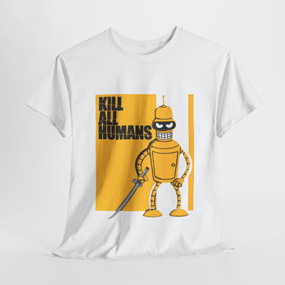 Luxurious graphic cotton t-shirt featuring a humorous Bender design with the text 'KILL ALL HUMANS' against a vibrant yellow backdrop.