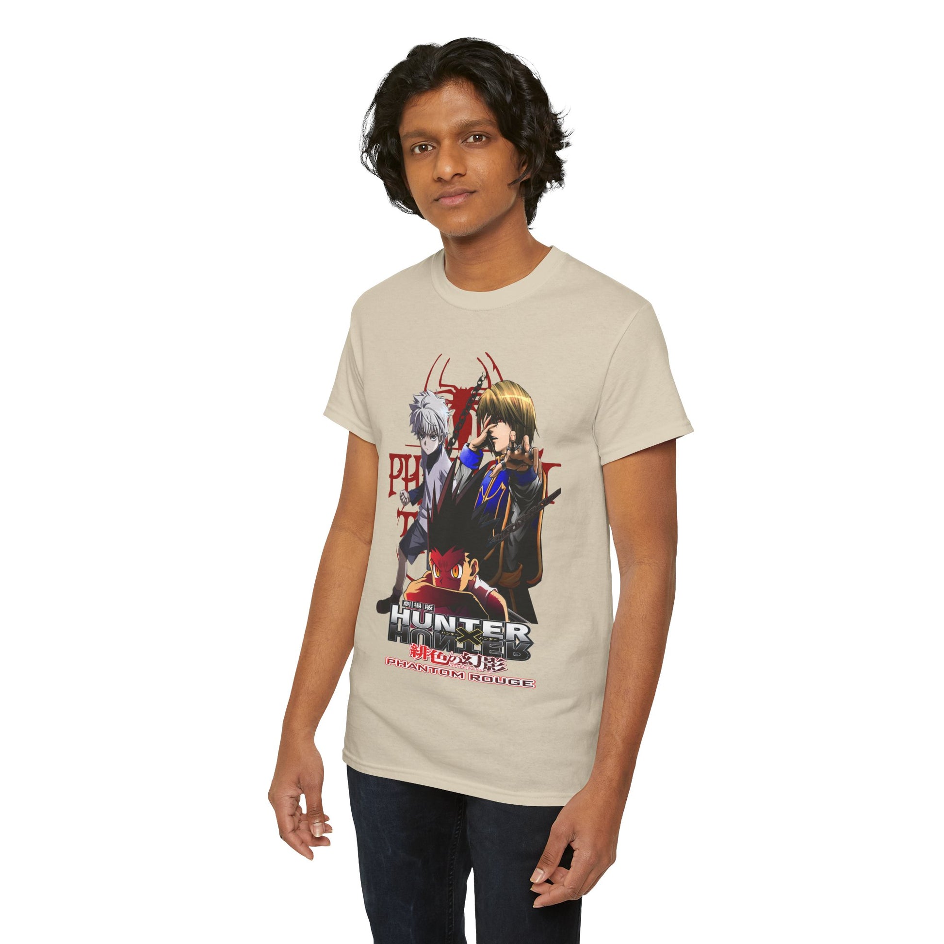 Individual wearing a trendy Hunter x Hunter T-shirt, confidently showcasing stunning artwork inspired by Phantom Rouge, perfect for anime aficionados.
