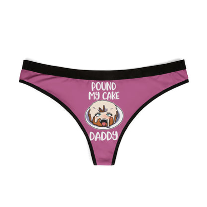 Stylish women's thong in purple, adorned with a humorous cake illustration and cheeky text design, perfect for elevating intimate moments with a touch of fun.