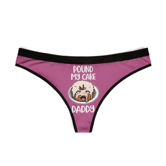 Stylish women's thong in purple, adorned with a humorous cake illustration and cheeky text design, perfect for elevating intimate moments with a touch of fun.