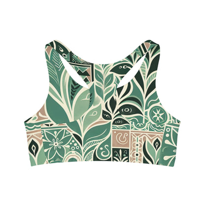 Thea Sinclair Pastel Green Sports Bra showcasing a modern block print design from the back, crafted in a blend of microfiber and spandex for luxurious comfort.