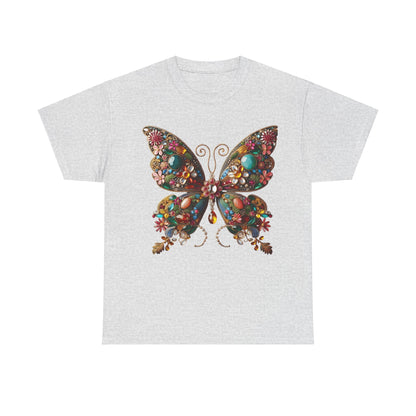 Elegant unisex t-shirt in a soft grey hue showcasing the 'Enchanting Butterfly Brooch' graphic, adorned with vivid gemstones and intricate floral designs.