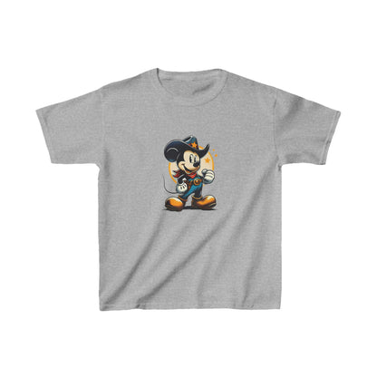 Unisex Kids Mickey Mouse Cotton T-Shirt in grey colour, showcasing a vibrant graphic of Mickey Mouse dressed as a cowboy, ideal for fashionable young adventurers.