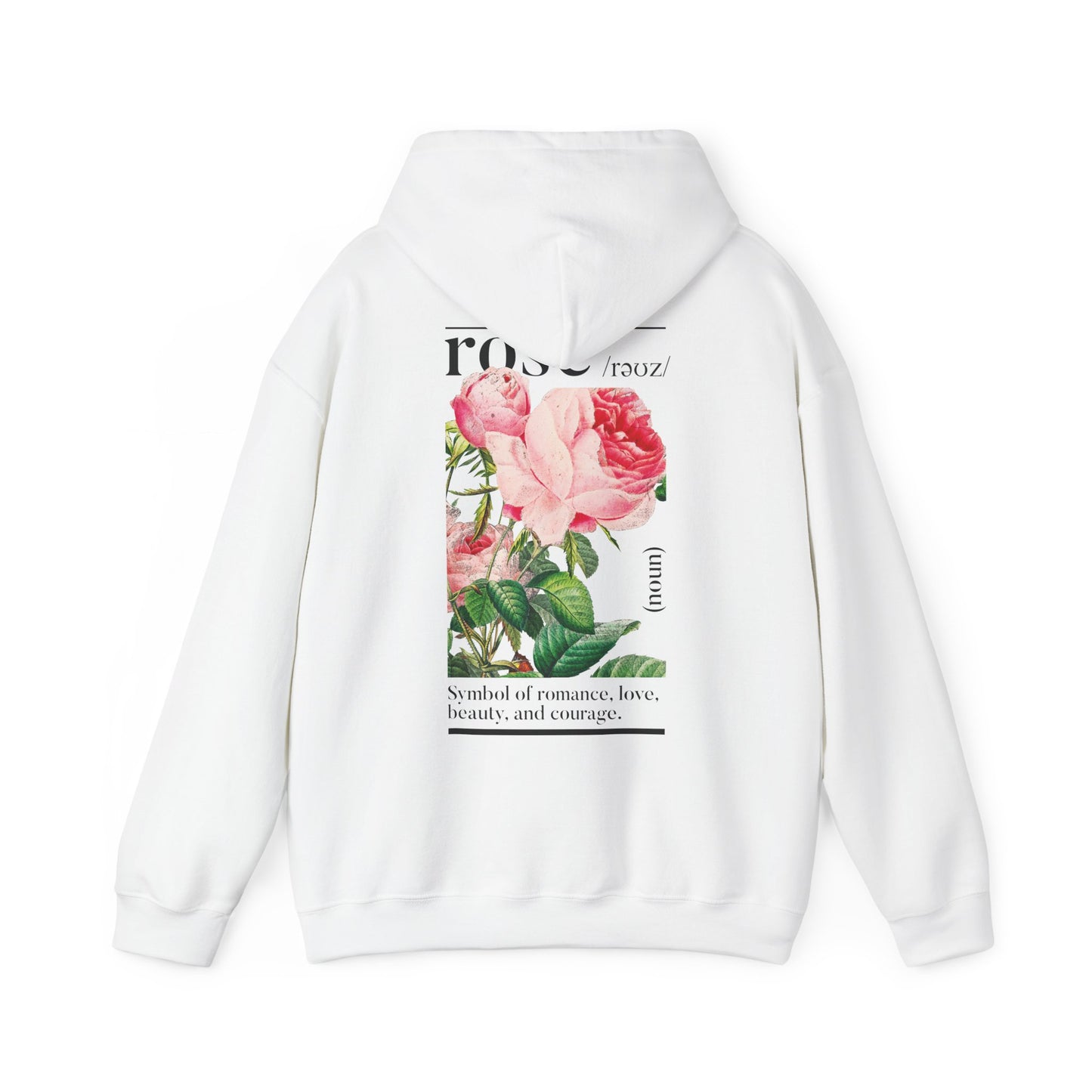 Luxury white hoodie featuring an exquisite botanical rose design on the back, highlighting the symbolism of romance, love, beauty, and courage.