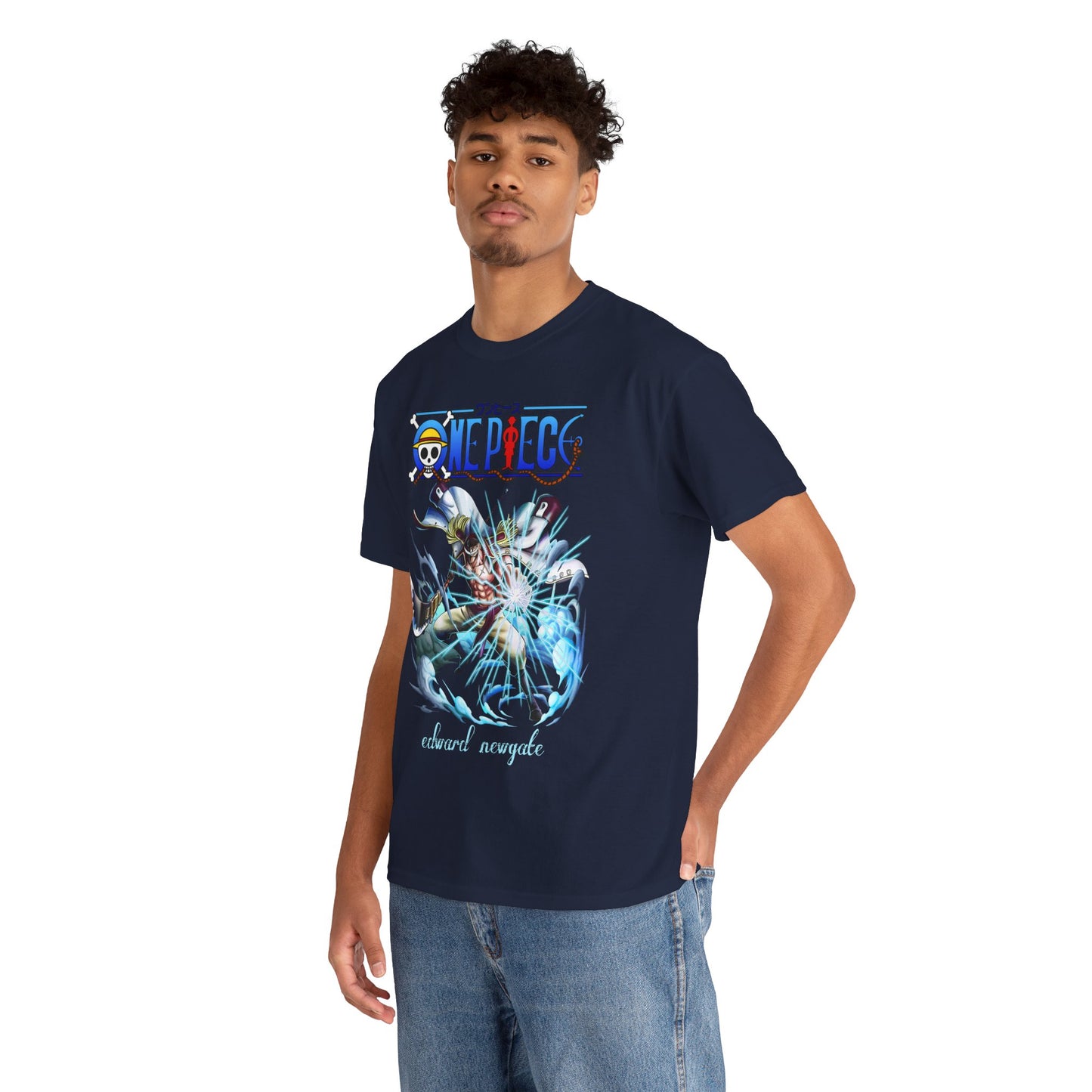 Luxury One Piece men's t-shirt featuring a dynamic graphic of Edward Newgate, perfect for anime enthusiasts and streetwear lovers, model showcasing premium style.