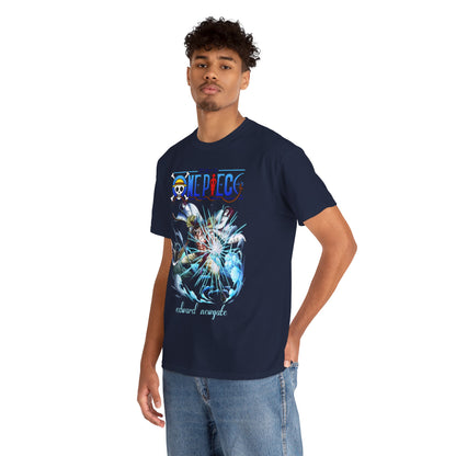 Luxury One Piece men's t-shirt featuring a dynamic graphic of Edward Newgate, perfect for anime enthusiasts and streetwear lovers, model showcasing premium style.