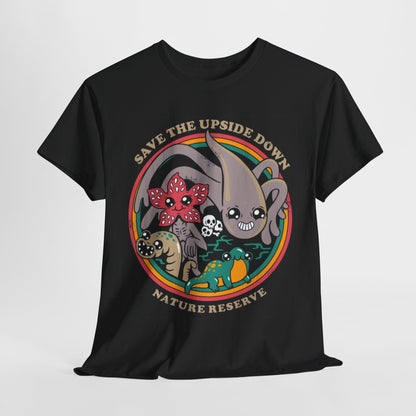 Stranger Things Funny Mens Womens Graphic T-Shirt featuring a playful illustration of quirky creatures in a vibrant circle design on a black background, perfect for urban street style.