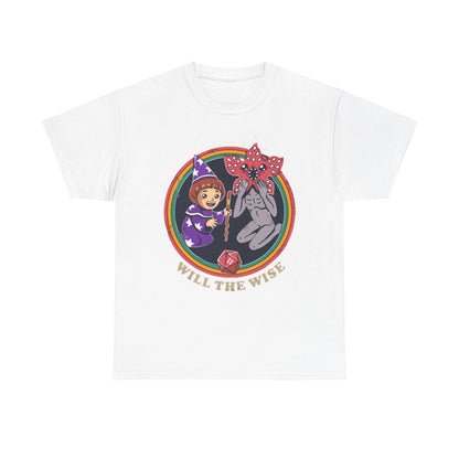Elegant unisex graphic t-shirt with a charming illustration of a wizard girl and a quirky monster, highlighted by the phrase 'WILL THE WISE', perfect for fans of mystical adventures and iconic pop culture.