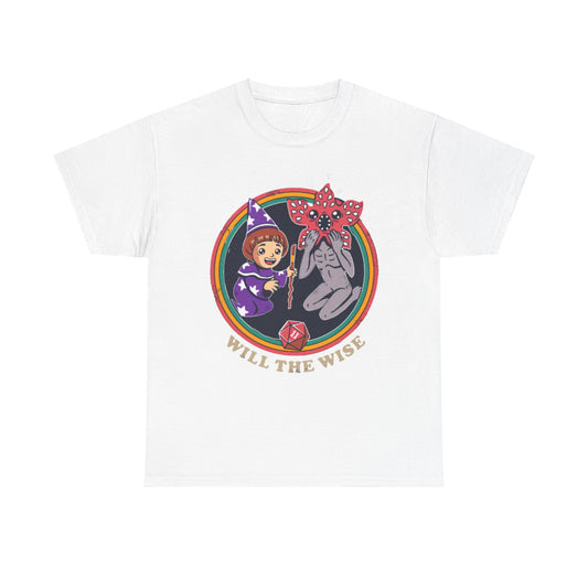 Elegant unisex graphic t-shirt with a charming illustration of a wizard girl and a quirky monster, highlighted by the phrase 'WILL THE WISE', perfect for fans of mystical adventures and iconic pop culture.